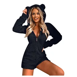 Women Jumpsuits Fleece Pajama Bear Ear Hooded Bodysuit Shorts Winter Warm Tracksuit Streetwear One-piece Sleepwear Plus Size