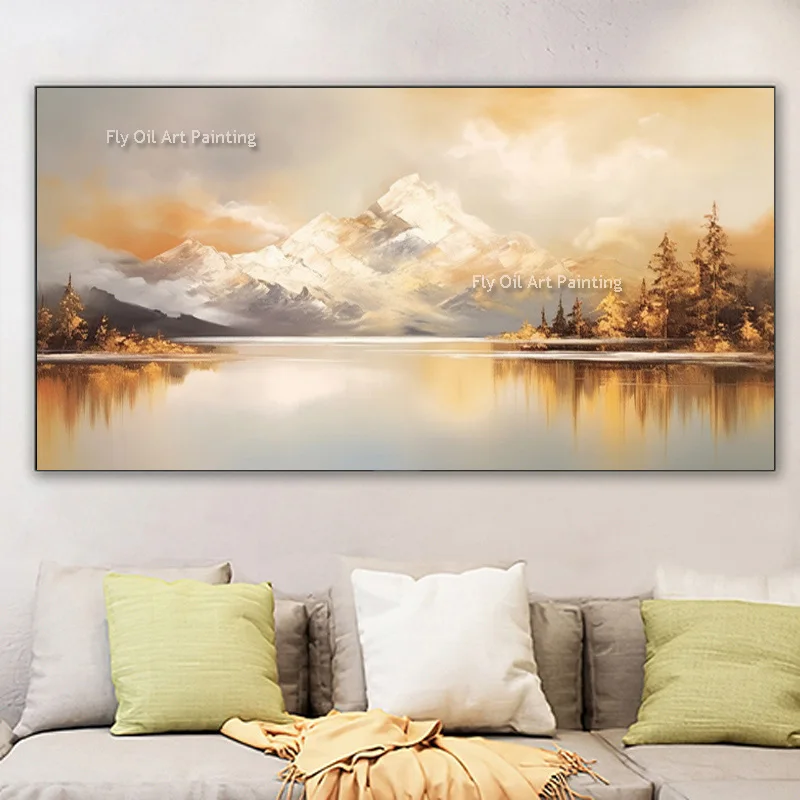 Simple Design Handpainted Yellow Art Lake And Mountains Oil Painting Abstract Orange Yellow Landscape Canvas Artwork For Decor