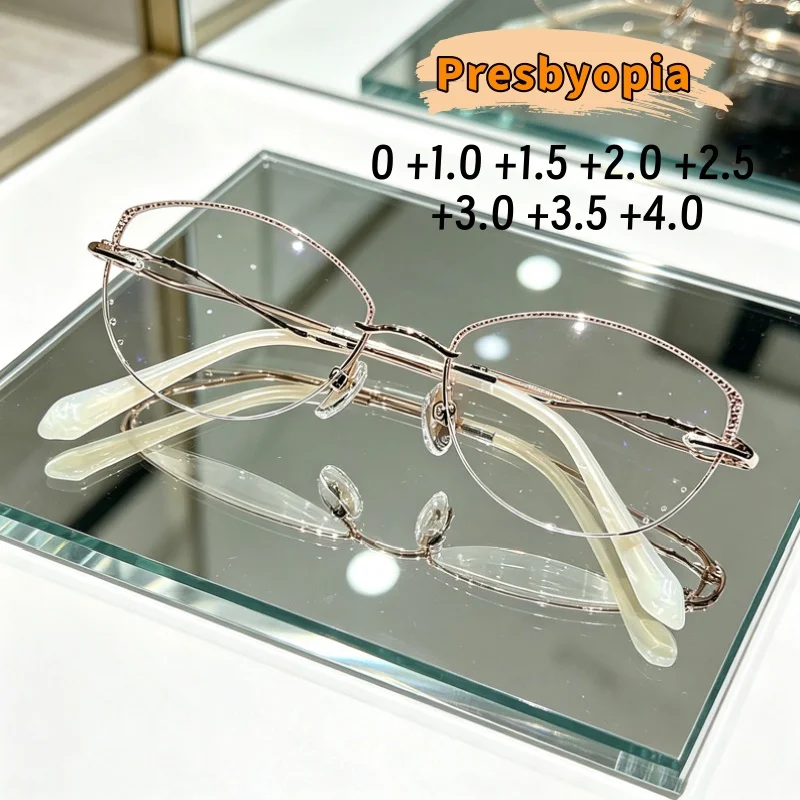 Women's Advanced Frameless Reading Glasses Ultra-light Fashionable and Exquisite Cut-edge Anti-blue Light Eyewear 0 To +4.0