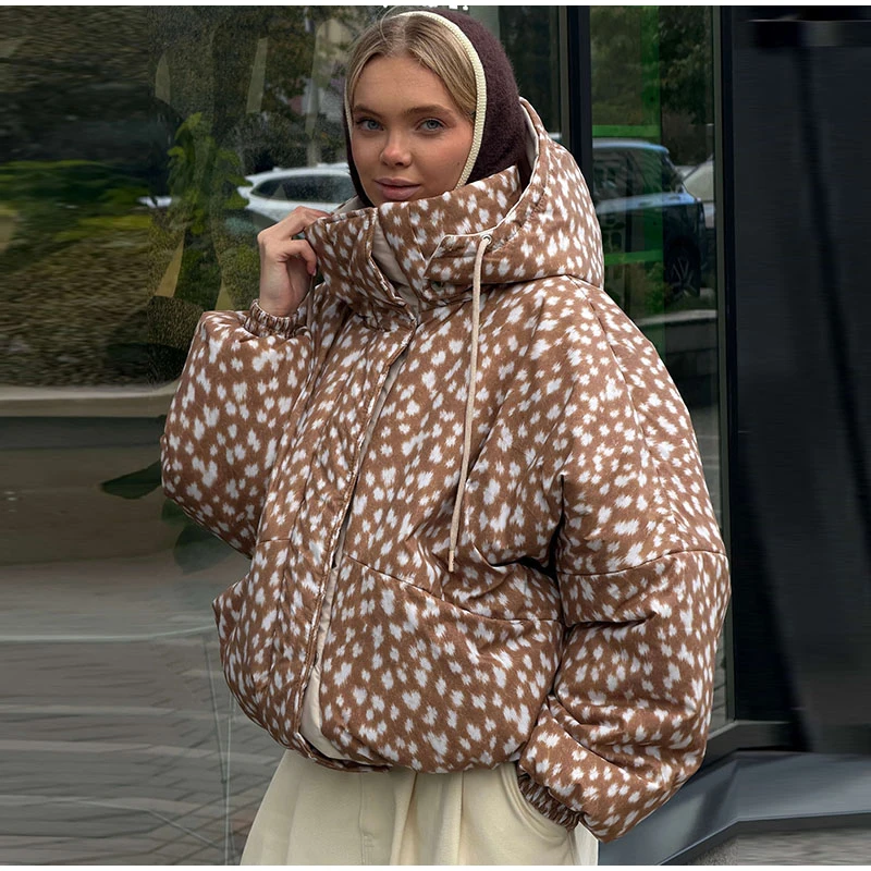 Reversible Spot Printed Women's Winter Jacket Hooded Full Sleeve Loose Cropped Padded Coats New Casual Warm Outwear 2026
