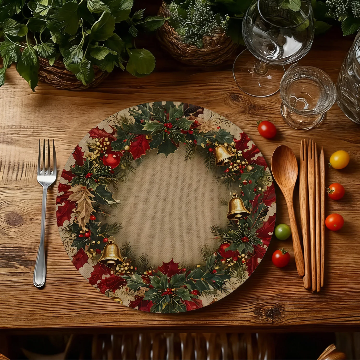 VIKAMA christmas wreath red bow round placemat 15 inch 38cm dining table mat non slip waterproof heat resistant easy to clean