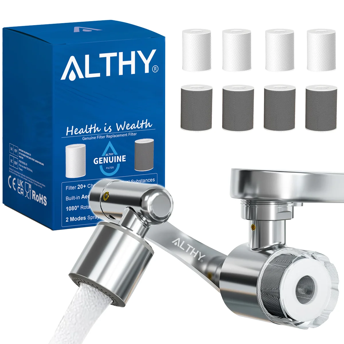 ALTHY Faucet Extender + Tap Aerator + Water Filter, Sink Splash-proof 1080° Rotating, Reduce Lead Chlorine Odor, 2 Spray Modes