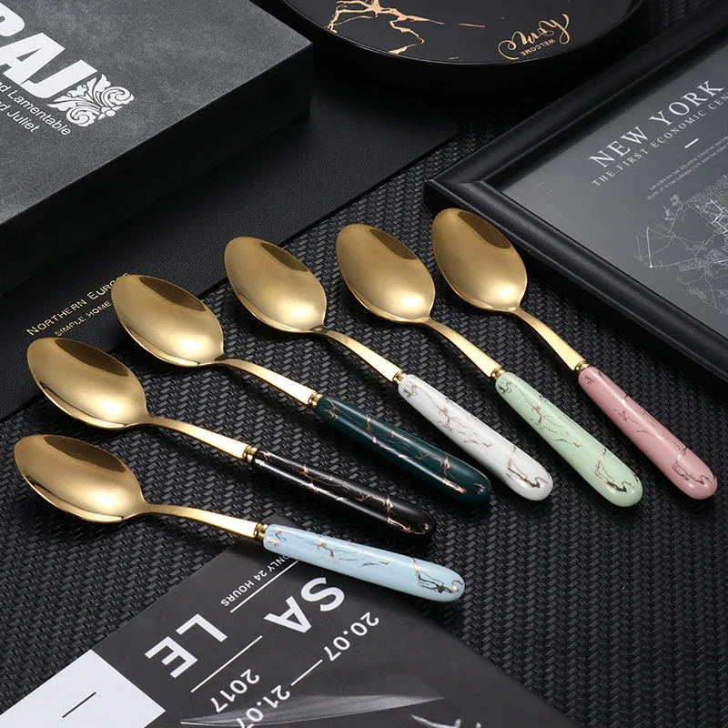 Golden Storage Rack Stainless Steel Cutlery Marbled Ceramic Handle Tableware Spoons 24-piece Gift Box Set Table Forks Spoon Bar