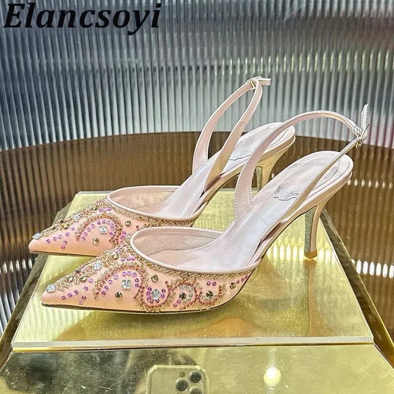 Sandalias Pointed Toe Closed Toe Back Strap Thin High Heels Banquet Shoes Women String Bead Decor Sandals Summer Party Shoes