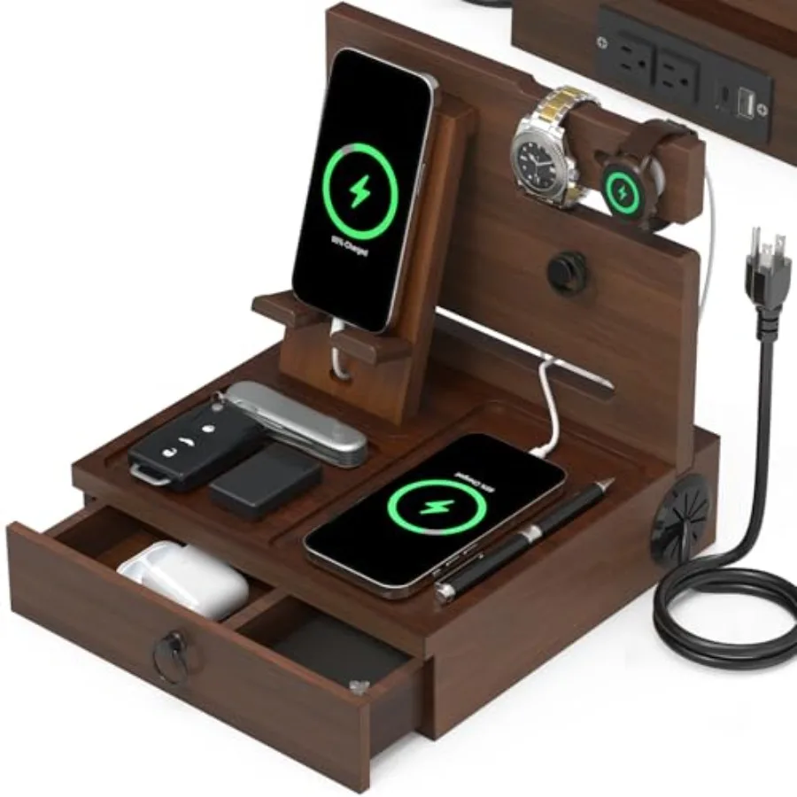 Wooden phone docking station with USB ports AC outlets bedside nightstand organizer featuring drawer for watch accessories slee