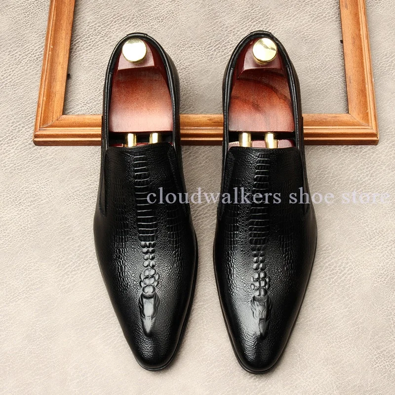 Breathable Crocodile Pattern Small Pointed Toe Leather Shoes Men's Business Suit Slip On Trendy Leather Shoes Groom Wedding Shoe