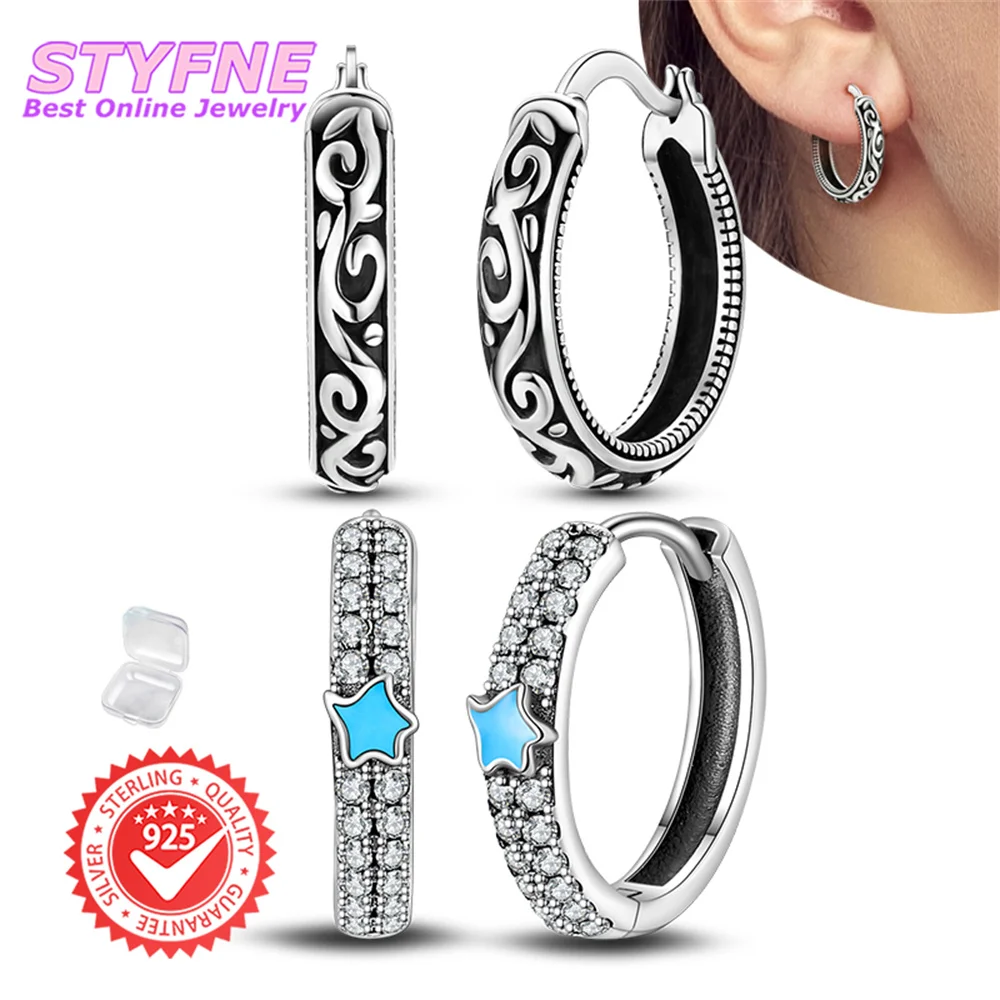 2 Set 925 Sterling Silver Noctilucent Stars & Curly Grass Streak Hoop Earrings for Women Girls Fashion Earrings Jewelry Gifts