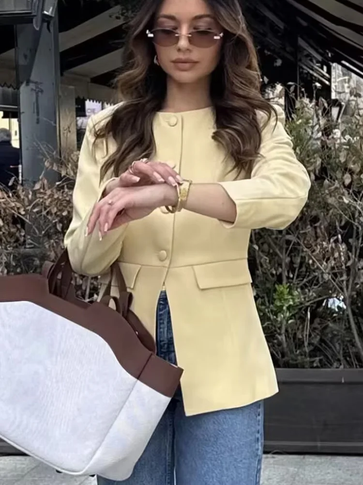 

HH Women's New Fashion Versatile Single Breasted Pleated Coat Female Chic Casual High Street Long Sleeve Short Jacket Mujer