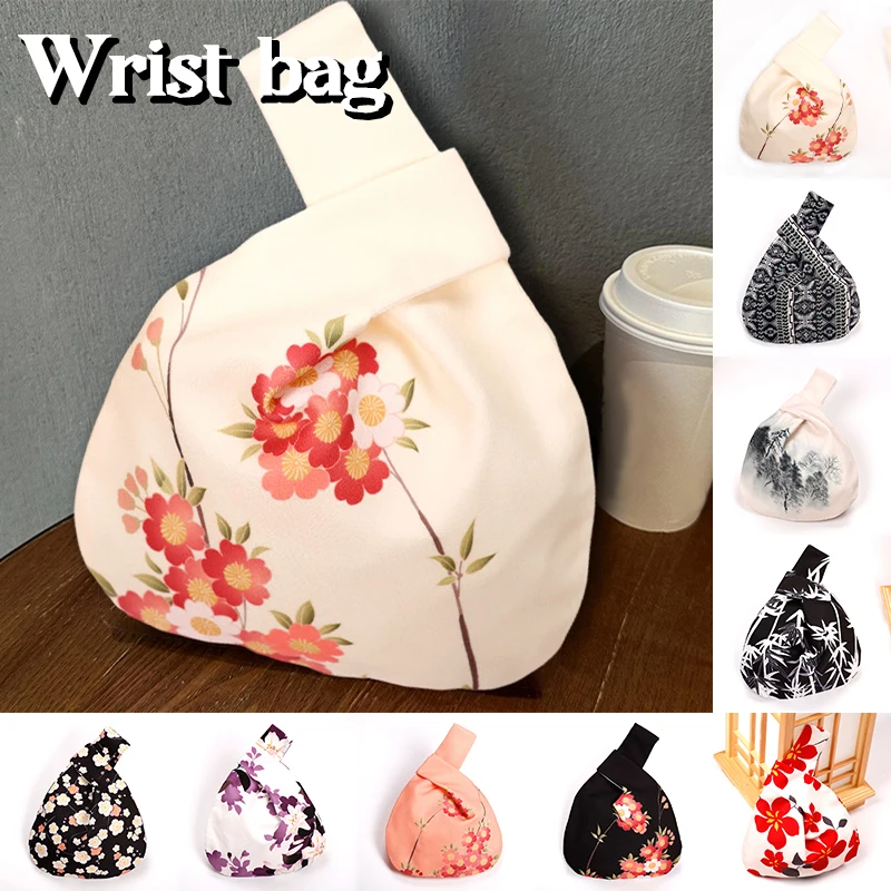 Women's Knot Wrist Bag Japanese Style Handmade Handbag Portable Mini Printed Flowers Bucket Bag Large Capacity Shopping Bag