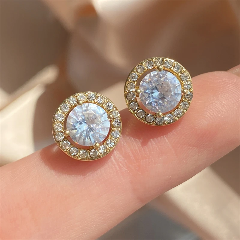 Luxury Simple Crystal Cubic Zirconia Stud Earrings for Women Round CZ Wedding Statement Jewelry Gifts image 4