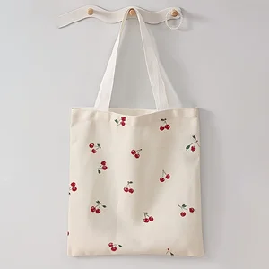 Cherry Print Tote Bag Large Capacity Canvas Shoulder Bag For Shopping Travel Daily Use