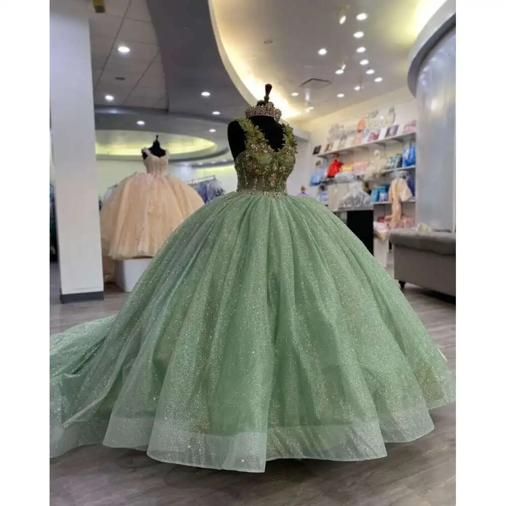 

Mint Green Princess Quinceanera Dress D Ral Glitter Skirt Corset Bustle Party Dresses Sweet Prom Gown