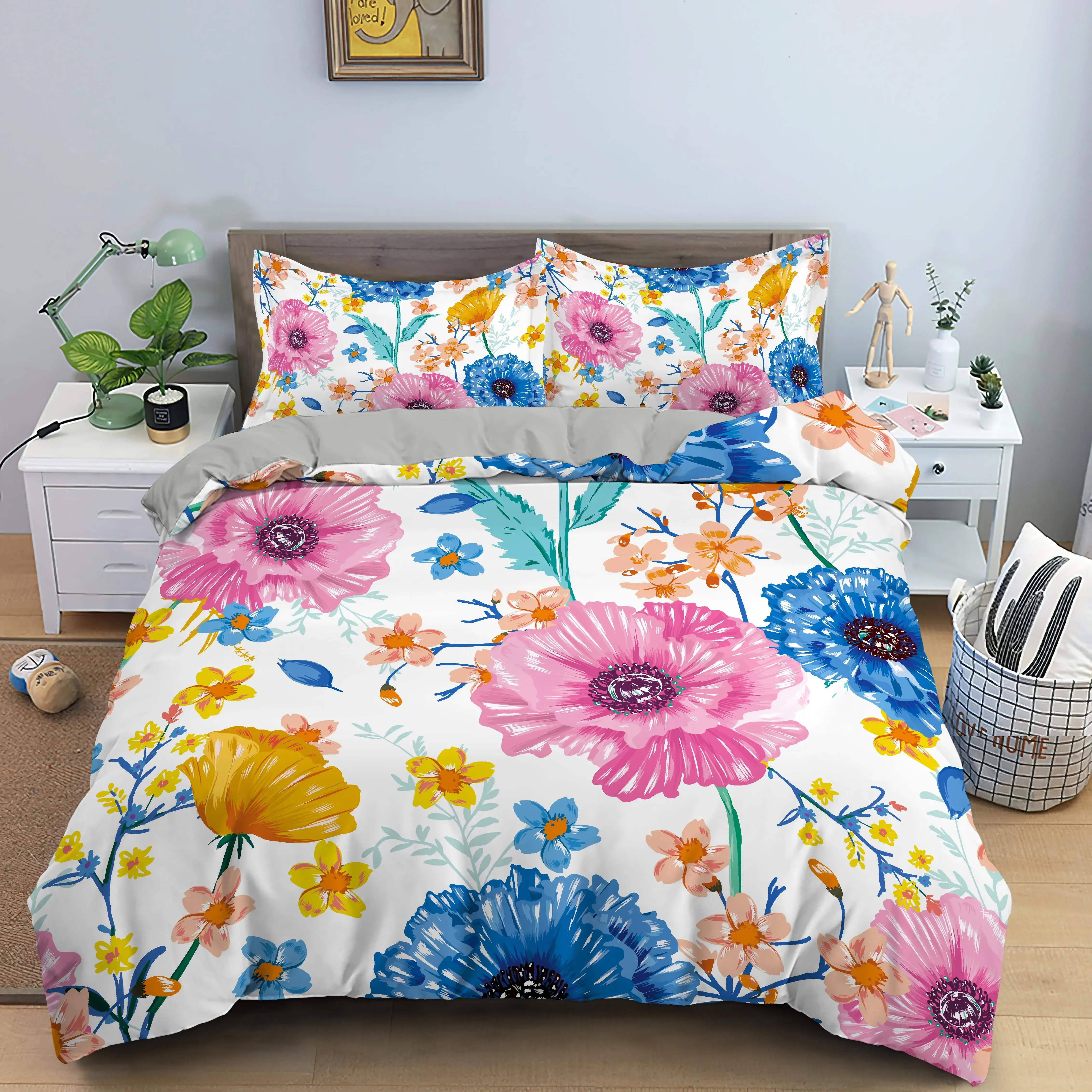 Watercolor Flowers King Queen Duvet Cover Colorful Blooming Floral Bedding Set for Teen Adult Plant 2/3pcs Polyester Quilt Cover