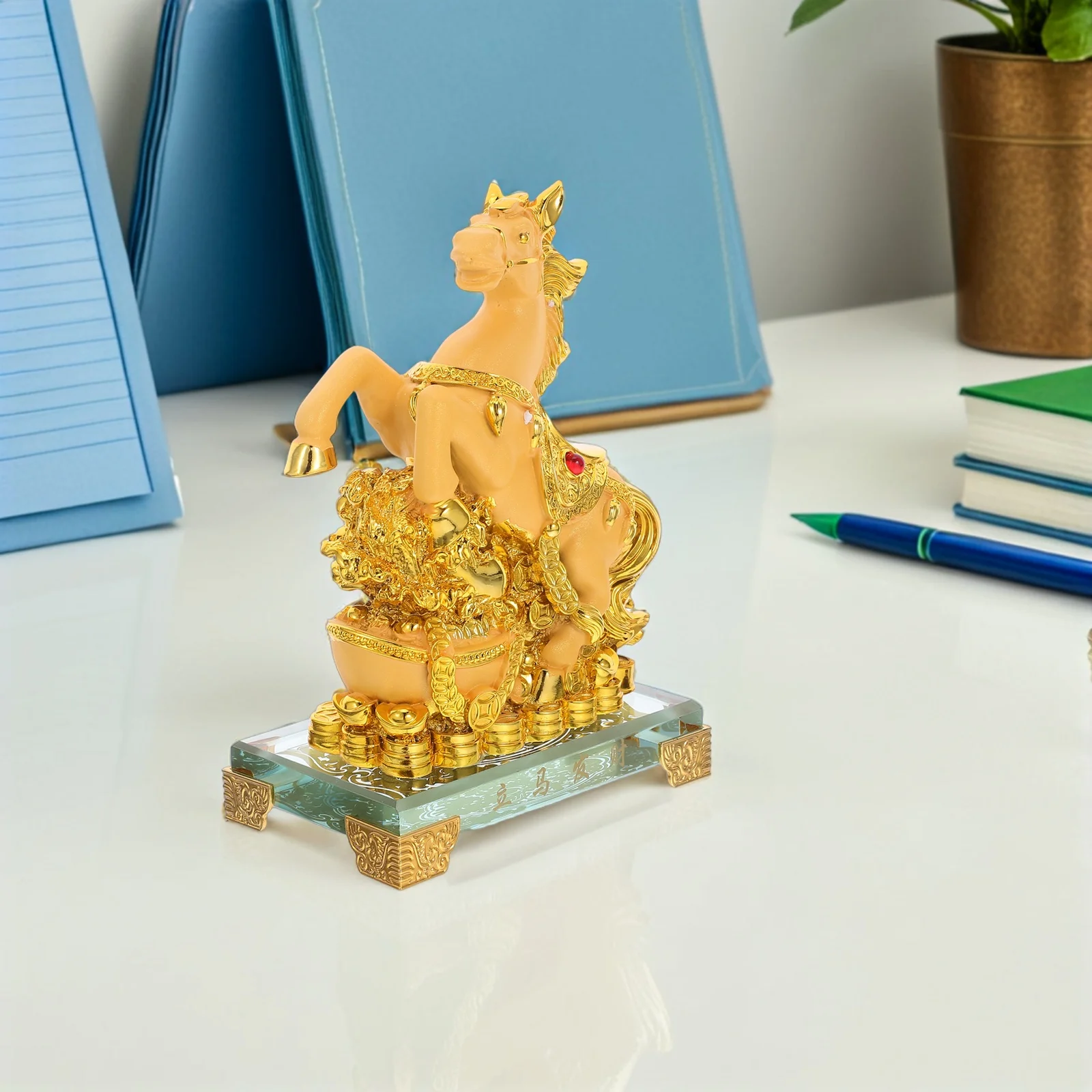 

Year of The Horse Resin Statue Gold Finish Standing Horse Sculpture Desktop Decoration Chinese New Year Prosperity Ornament Home