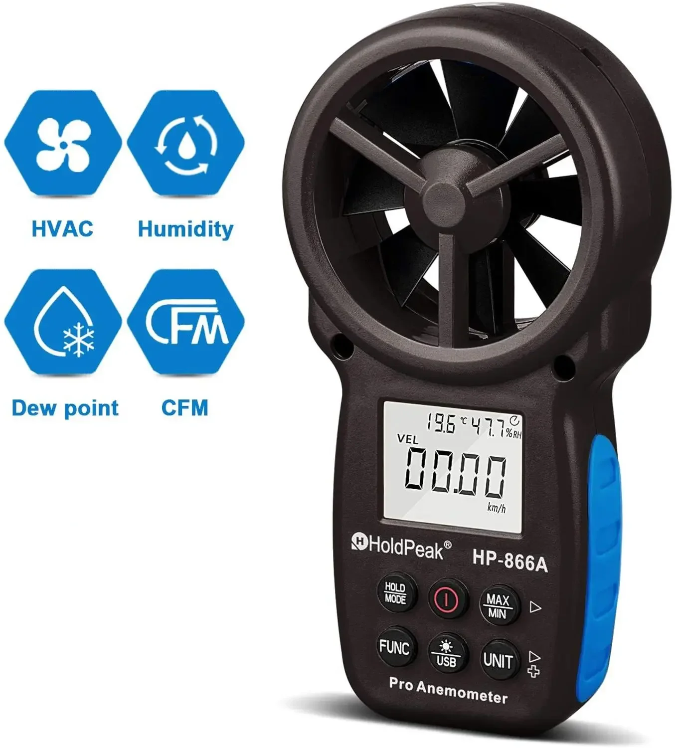 HoldPeak HP-866A 0.3~40m/s Anemometer Wind Speed Meter Portable Air Flow Tester USB Interface Handheld -10~60'C Temperature Test