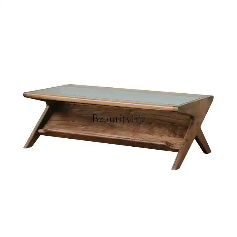 

Black walnut solid wood coffee table household Nordic glass small apartment modern simple tea table