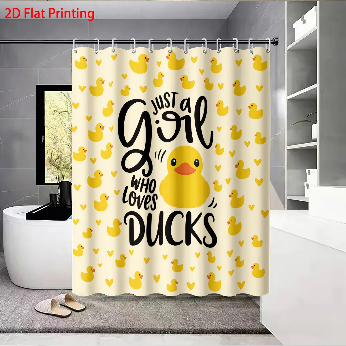 1pc Cartoon Yellow Duck Print Waterproof Shower Curtain Partition Privacy Hanging Curtain with 12 Hook Multiple Sizes