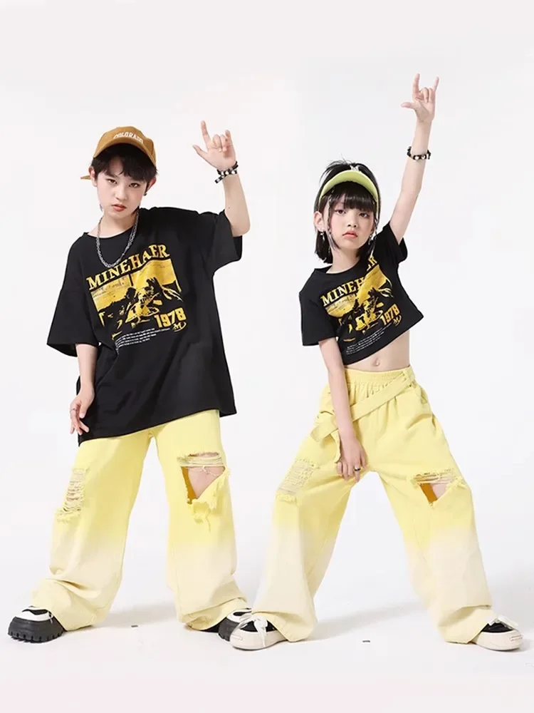 Kid Hip Hop Clothing Black Print Crop T Shirt Top Yellow Denim Strap Ripped Jeans Pants for Girl Boy Jazz Dance Costume Clothes