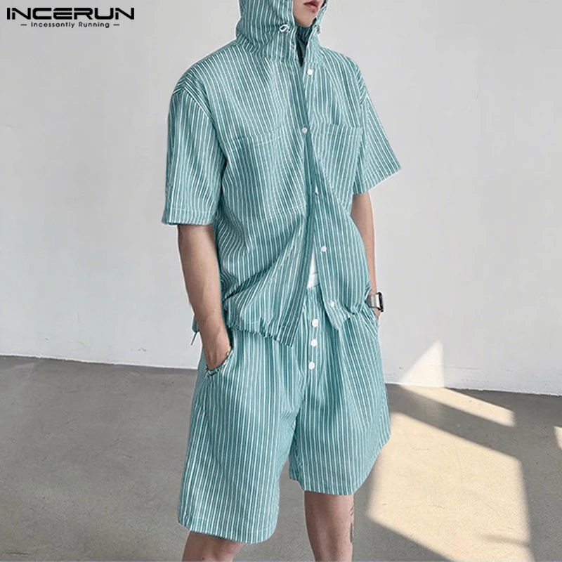 

INCERUN мужские комплекты полосатые костюмы из двух предметов модные летние рубашки с капюшоном повседневные мужские шорты уличная одежда 2 шт. топы короткие брюки