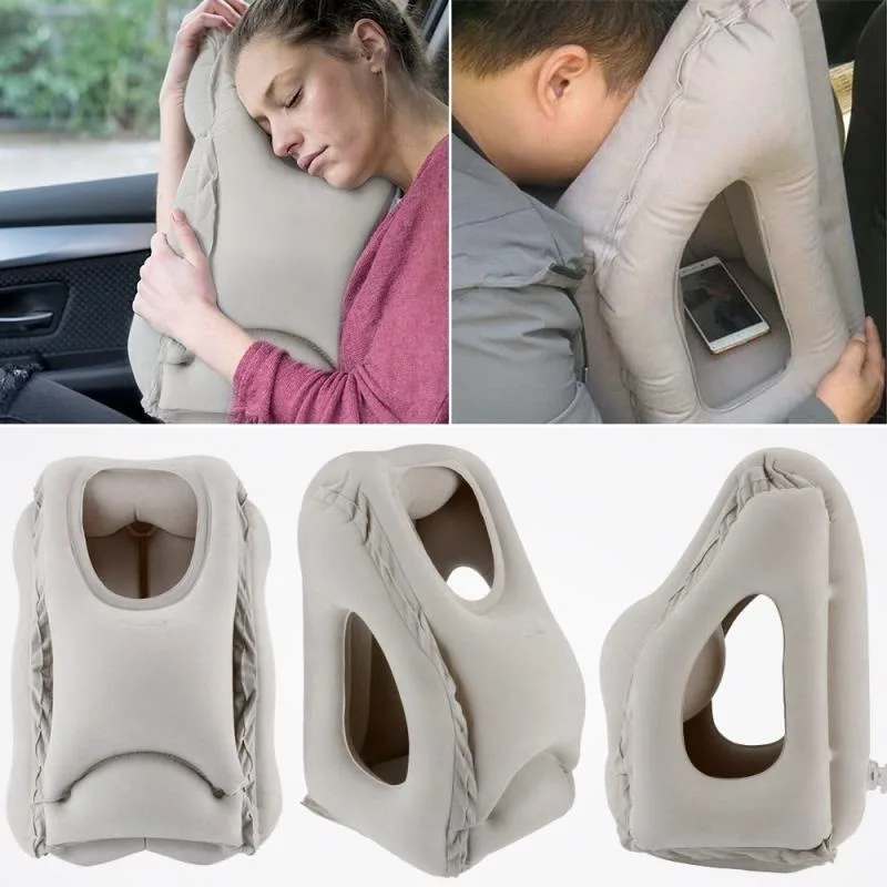 Cojín de aire inflable mejorado, almohada de viaje, reposacabezas, soporte para la barbilla, cojín para avión, coche, oficina, descanso para el cuello, almohadas para siesta