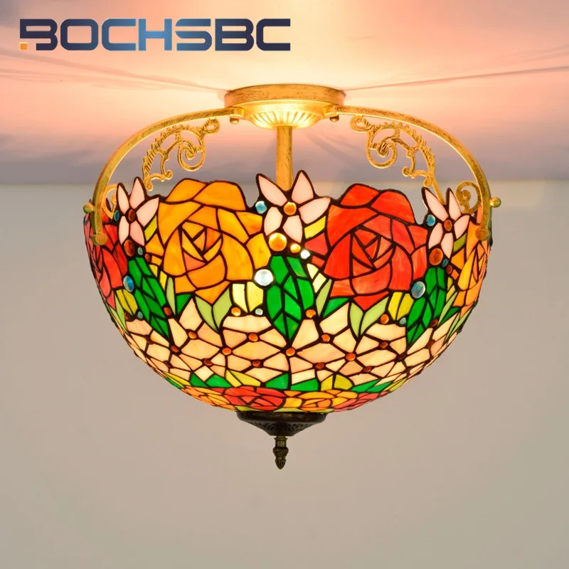 BOCHSBC Tiffany gorgeous rose 16inch glass chandelier deco dining room bedroom hallway bathroom ceiling light pastoral style