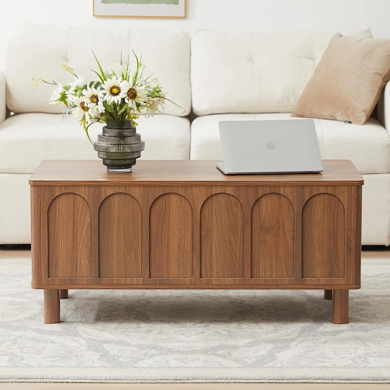 

Lift Top Coffee Table With Arched Finish, Modern Coffee Table With Lifting Tabletop & Hidden Storage, Wood Center
