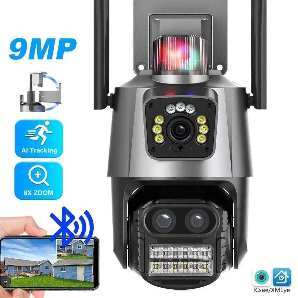 

Street Surveillance Camera IP 9MP WiFi Bluetooth ICSee 4K 12X Zoom 3 Lenses Siren Night Vision 360 PTZ CCTV Auto Track