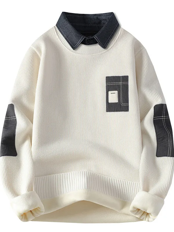 

Мужской вязаный свитер с имитацией двухслойности и воротником-стойкой, утепленный флисом, повседневное шерстяное пальто-поддевка для осени и зимы