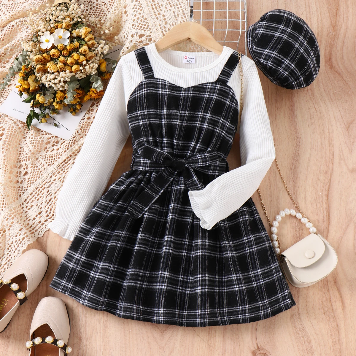 2pcs Kid Girl Rib-knit Plaid Panel 2 In 1 Long-sleeve Dress and Hat Set