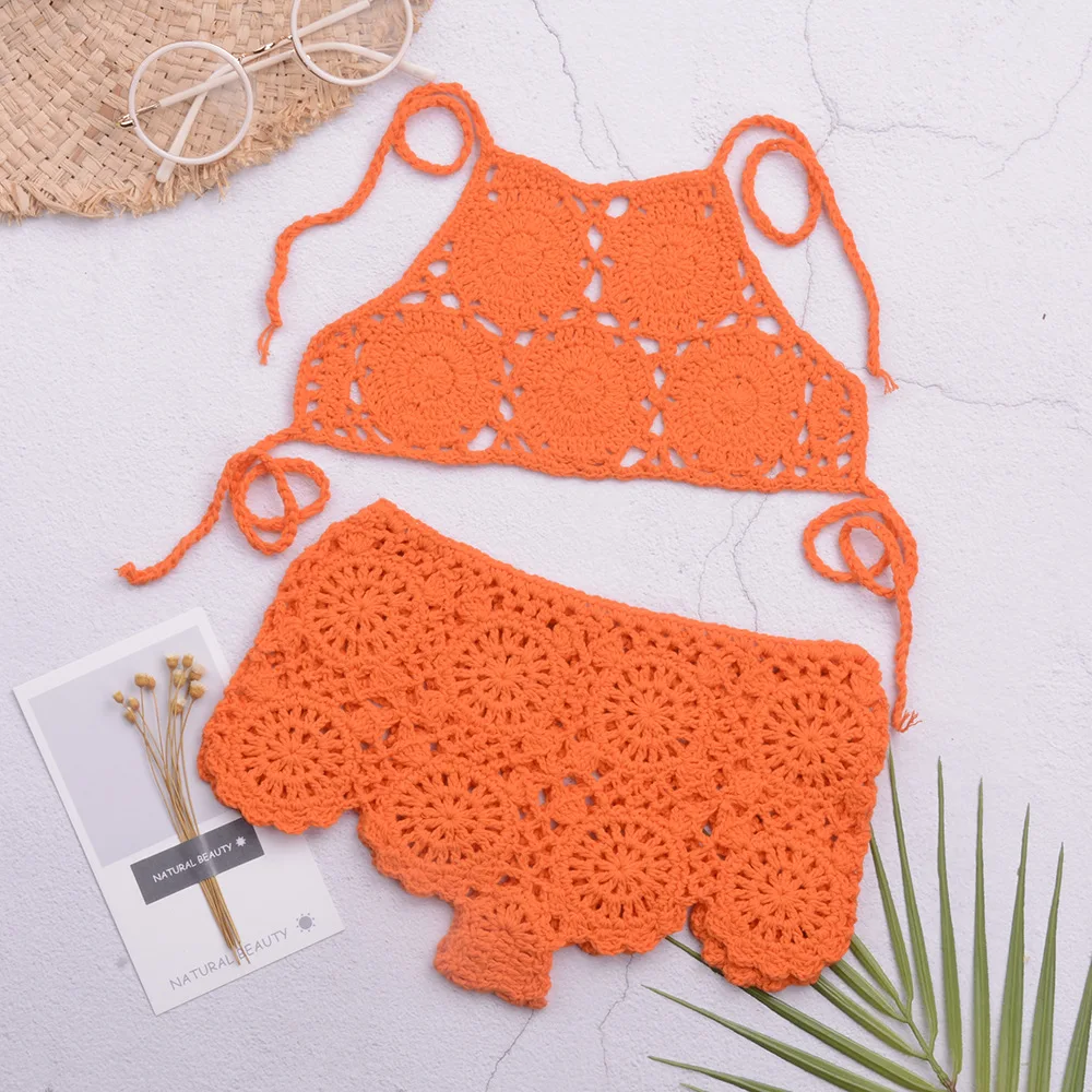 Diy Effen Kleur Hand Gehaakt Strand Uitgesneden Split Badpak Klein Meisje Bikini