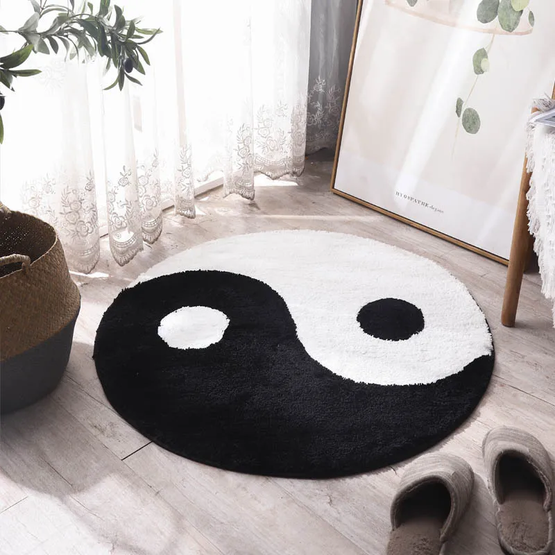 Yin Yang Round Rug 50x50cm Black White Tufted Floor Mat