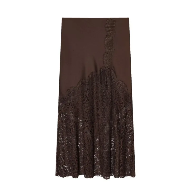 

Women Lace Satin Skirt High Waisted A-shaped Hem Adorned With Lace Trim Casual Vintage Female Autumn Fashion Skirts