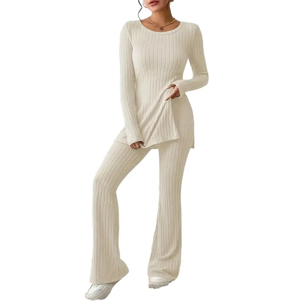 Women Suit Set Stylish Women\'s Knitted Two-piece Suit Set with Long Sleeve Ribbed Top High Waist Flared Trousers for Fall