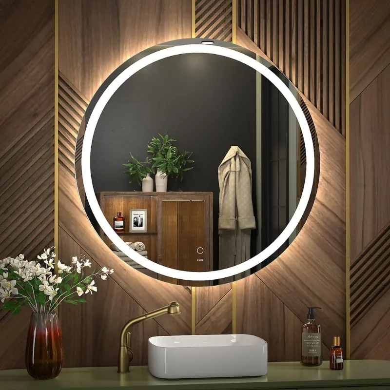 Large Modern LED Round Bathroom Vanity Mirror, Color Temperature Adjustable, Anti-Fog Dimmable Lights, Easy to Install