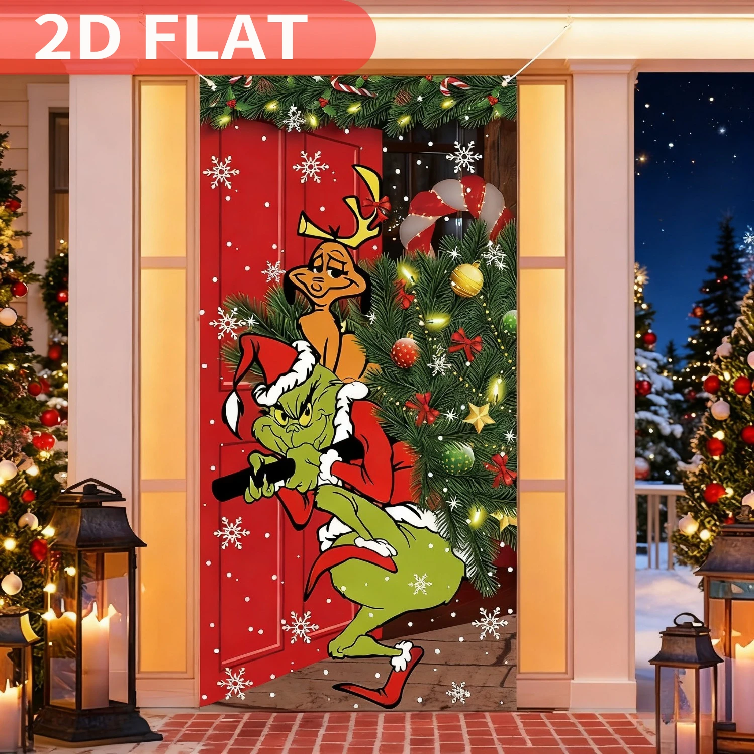 1 Stück grüne Weihnachtsdekoration, Tür-Wandteppiche, Frohe Weihnachten, Türabdeckung, 6 x 3 Fuß, Polyester, schwarzes Büffelgitter-Banner, Innen-/Außenbereich