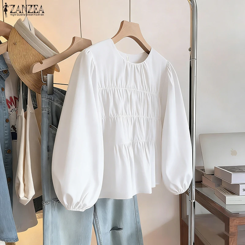 

ZANZEA блузка с рюшами, женская мода, рубашки с длинными пышными рукавами, повседневные однотонные элегантные офисные женские топы с круглым вырезом, Blusas, одежда