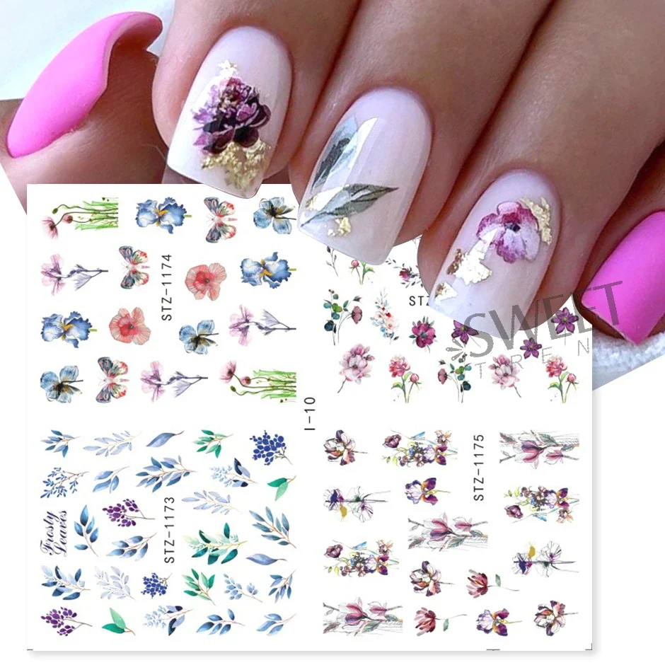 4 In 1 Watercolor Flowers Leaf Charms Nail Stickers Simple Floral Abstract Design Sliders Foils Spring Manicure Watermark Tattoo