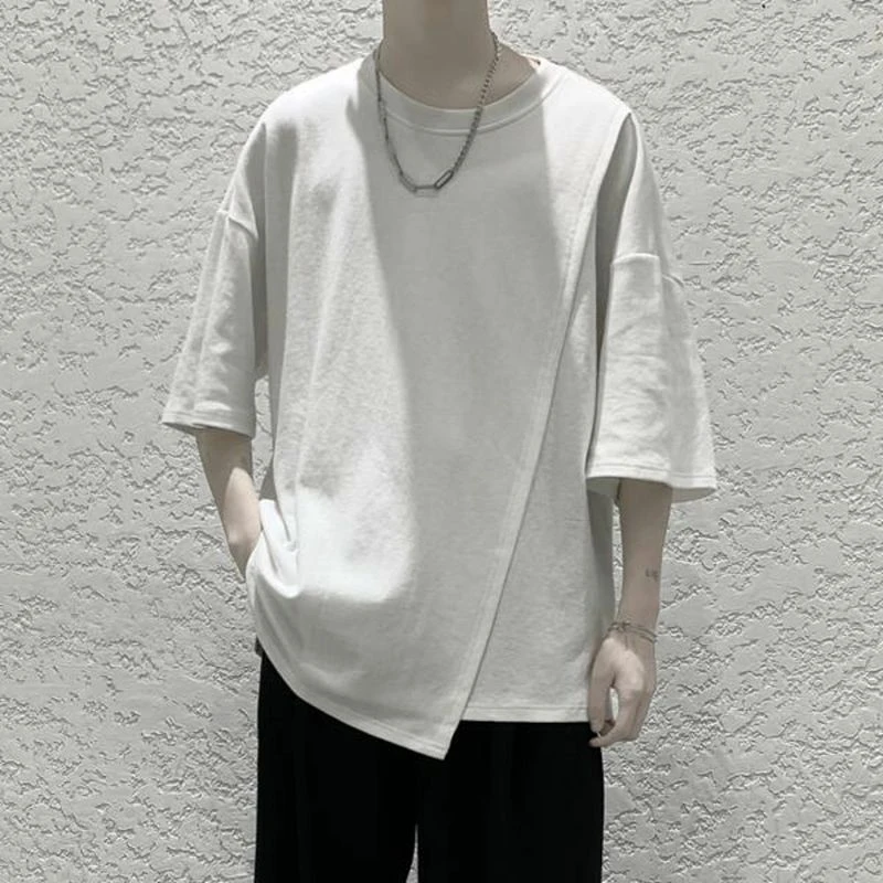 Asymmetrical Side Slit Men O Neck Short Sleeve Streetwear 2022 Summer Loose Fashion Cool T Shirt Casual Harajuku Oversized Tops