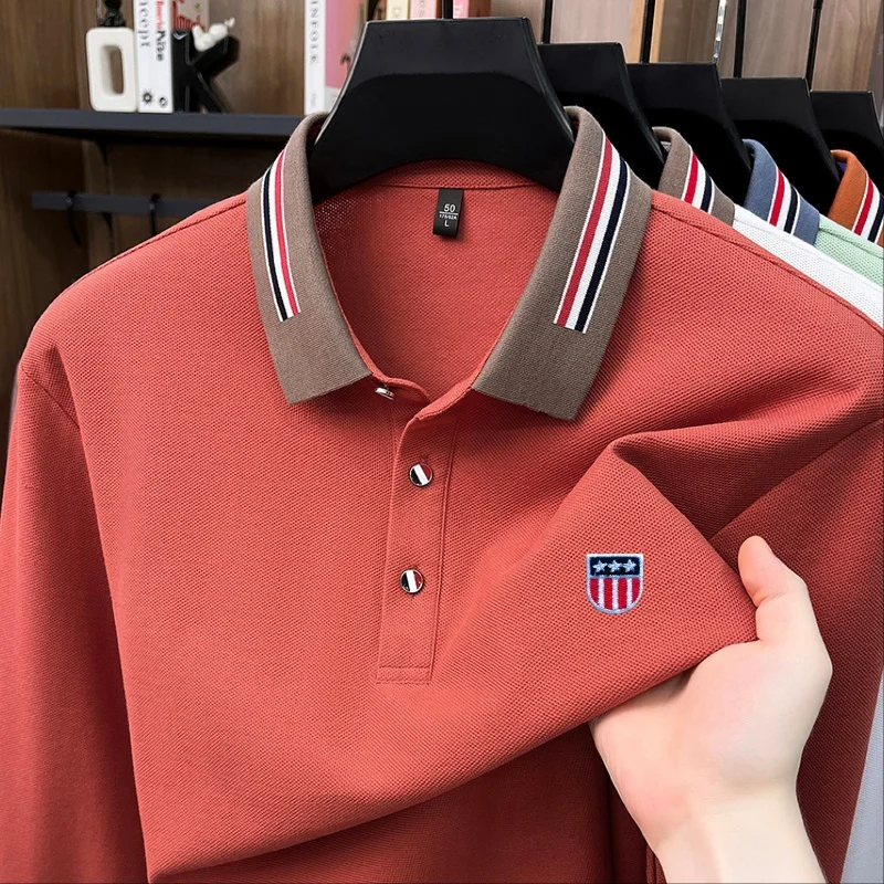 Hochwertiges Herren-Polohemd aus 100% Baumwolle mit Langen Ärmeln, Revers und Knöpfen, Exquisites Muster-Stickerei, Herbst-Neuheit, Vielseitige Freizeitkleidung für Männer – Detail 17