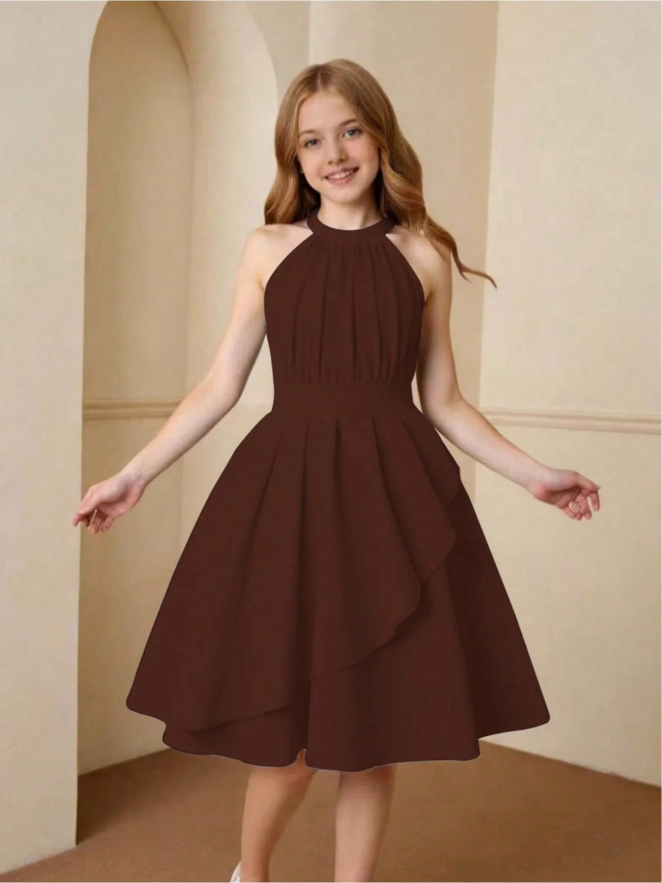 Casual and elegant summer girl solid color hanging neck sleeveless off shoulder loose and comfortable mid length dress