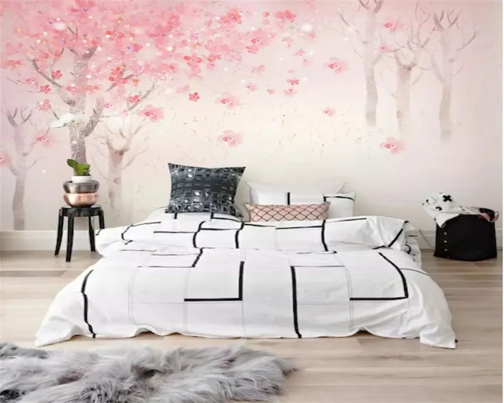 Custom wallpaper mural Hand painted watercolor romantic cherry tree elk children room background wall pink tree 3d wallpaper