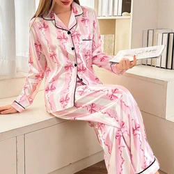 Two piece set of womens pajamas spring and autumn satin printed long sleeved top long pants casual and comfortable home suit set
