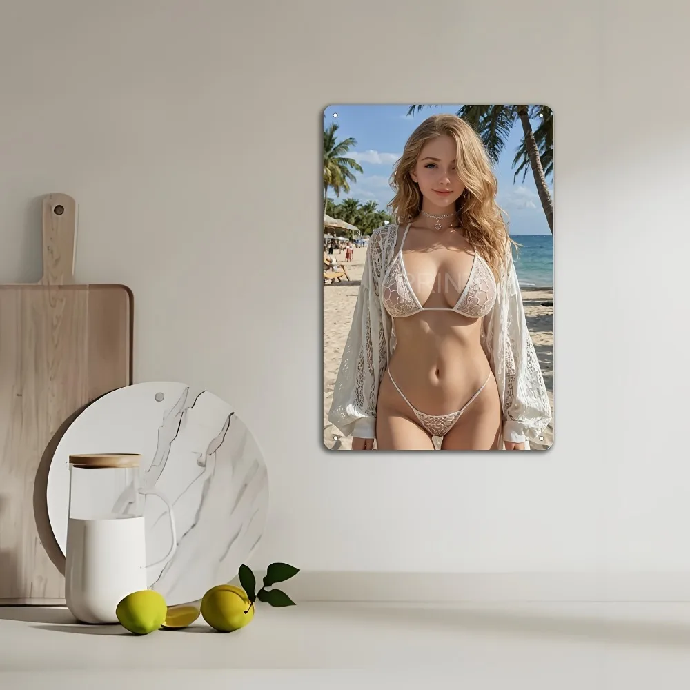 Blonde Bikini Curvy Girl Sexy Model Photo Art ,2D Flat Tin Sign, Metal Wall Decor for Kitchen Bedroom Bar Office, Unframed Gift view 6