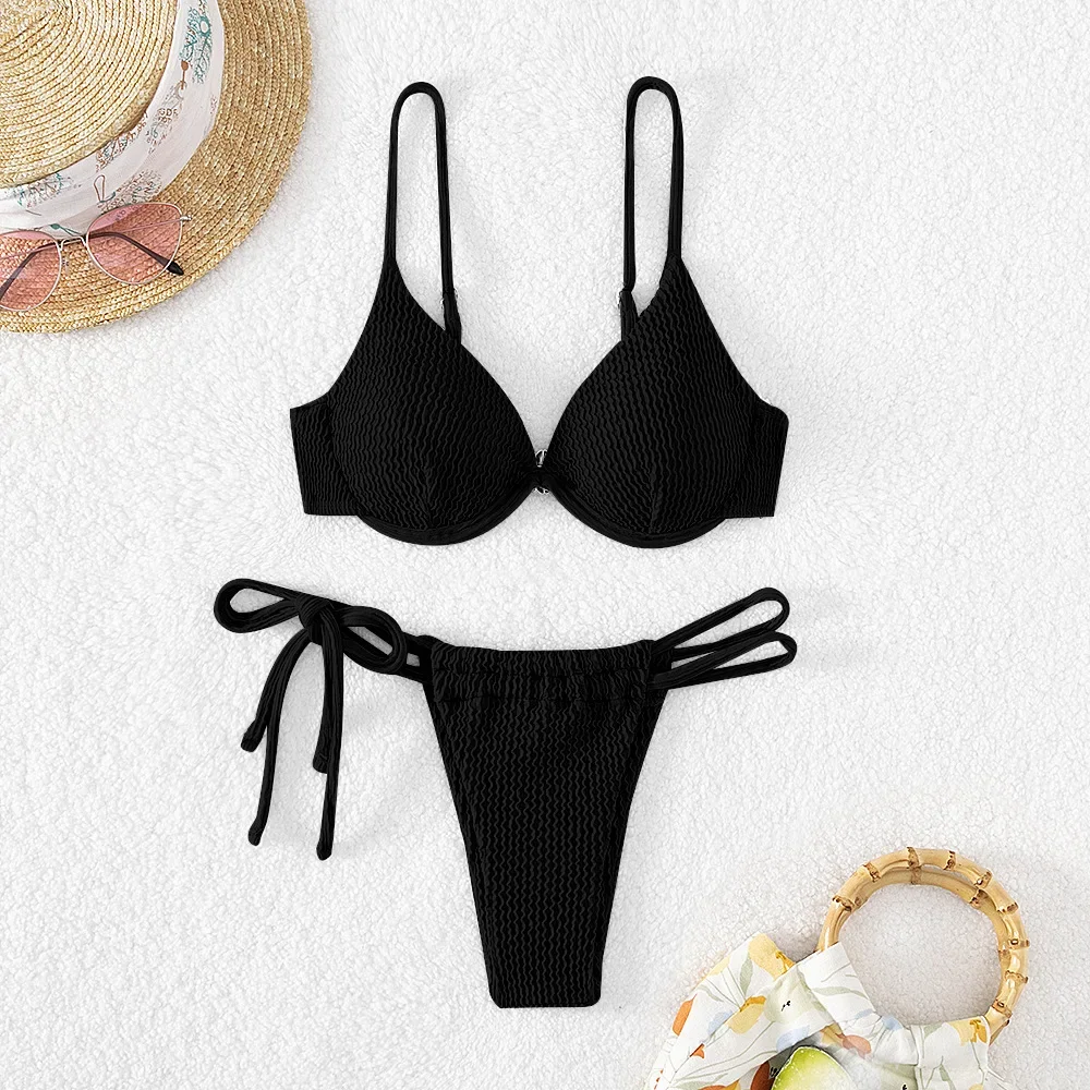 Costume da bagno con ferretto in 2 pezzi tinta unita donna 2024 scollo a V a costine bikini push up vita bassa perizoma costume da bagno costumi da bagno da spiaggia nuovo