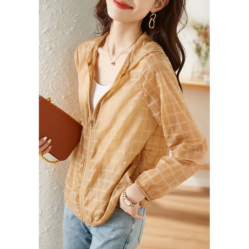 Women's 2024 New Summer Fashionable Zipper Versatile Simplicity Hooded Plaid Casual Loose Sun Protection Long Sleeve Coats