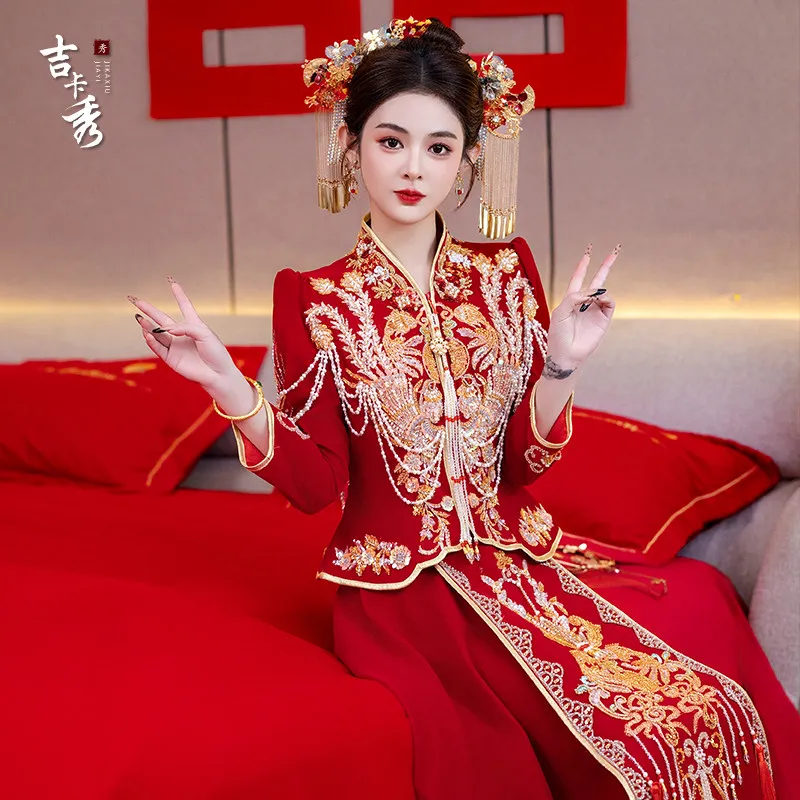 Petite Plus Size Velvet Chinese Bridal Dress Spring Summer Wedding Attire for Reception Entrances and Bridal Photo Shoots