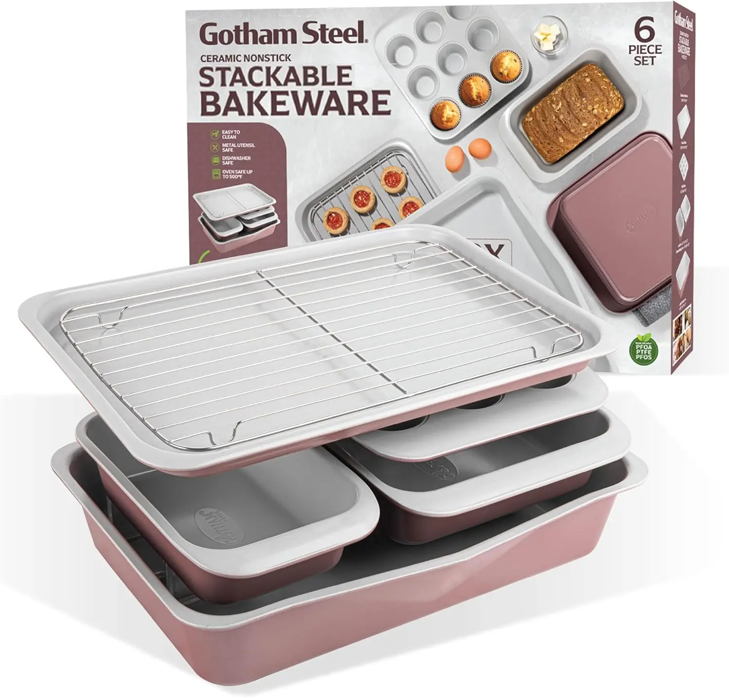 

6-Piece Stackable Baking Pans Set, Space-Saving Design, Non-Toxic Ceramic Bakeware with Tray and Pans, Oven & Dishwasher Safe