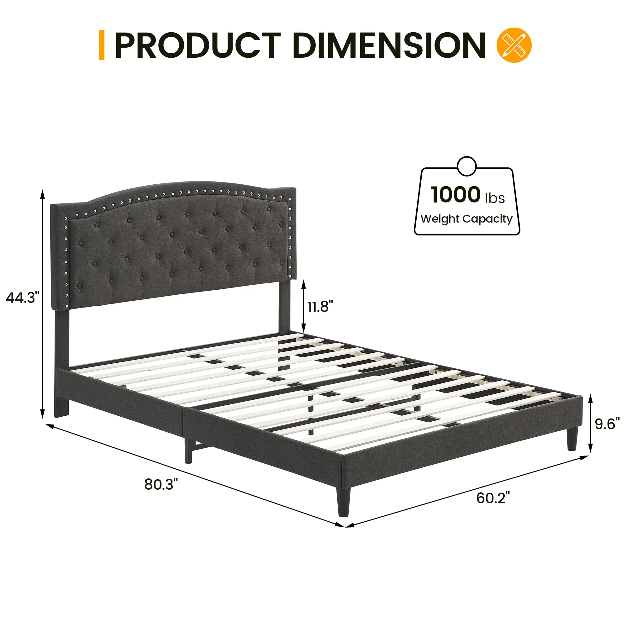 Amyove Queen Size Bed Frame with Button Tufted Headboard,Fabric Upholstered Platform Bed Frame with Adjustable Headboard