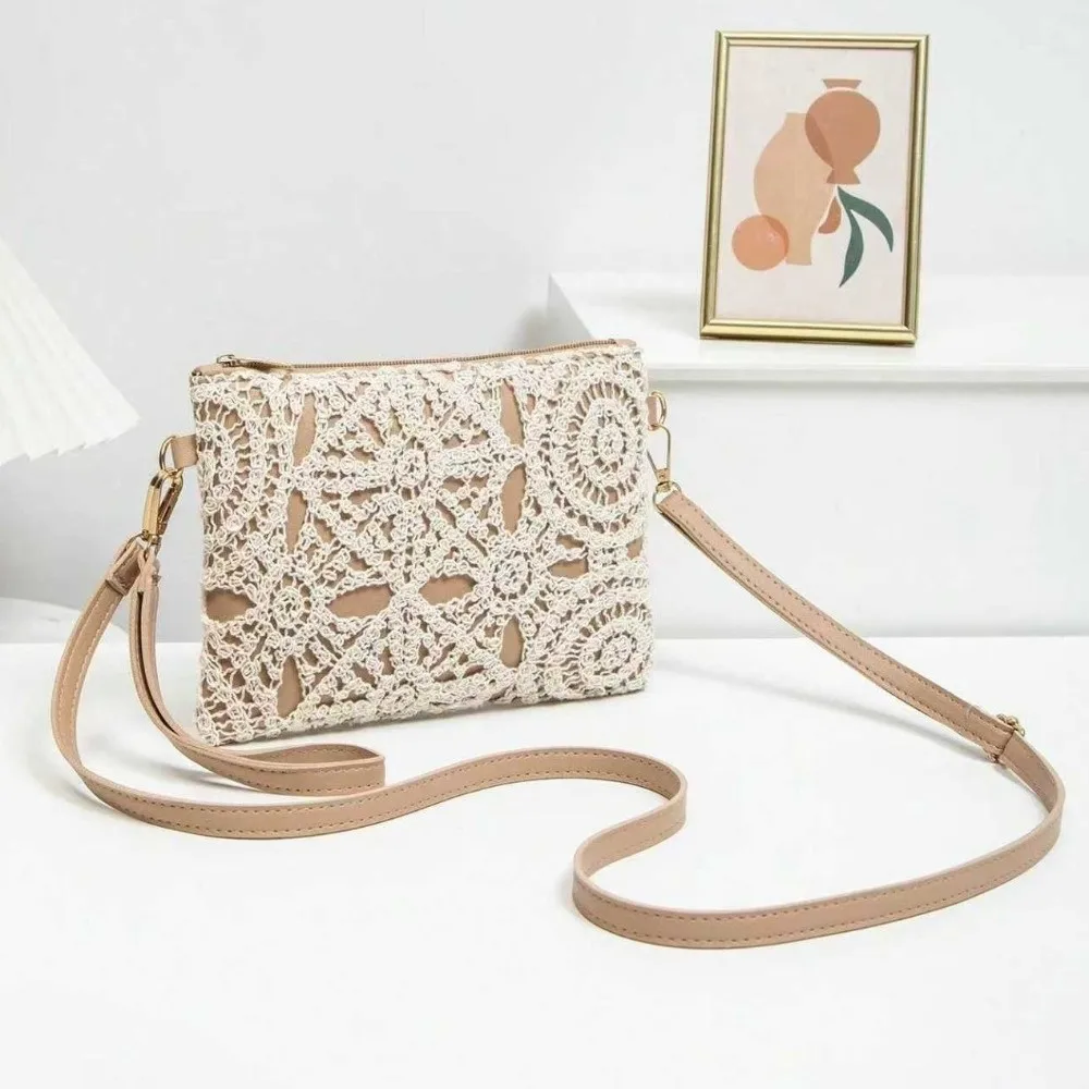 

New Bohemian Style Hollow Woven Bag PU Leather Zipper Clousure Boho Beach Bag Rectangular Shoulder Bag Vacation Outfits