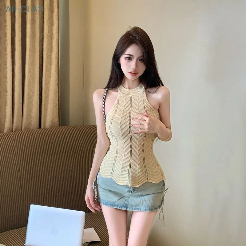 المرأة محبوك الرسن الرقبة تانك الأعلى ، مثير ضئيلة الأعلى ، أجوف خارج ، قبالة الكتف ، الصيف